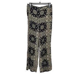 Solitaire Black Tan Medallion Print Pull On Straight Leg Pants Women's S